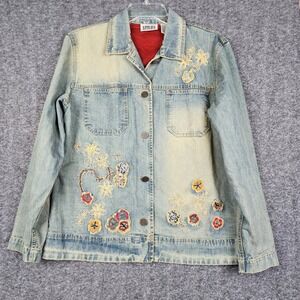 Chicos Design Denim Jacket Womens 1 Blue Floral Embroidered Sequin Art to Wear